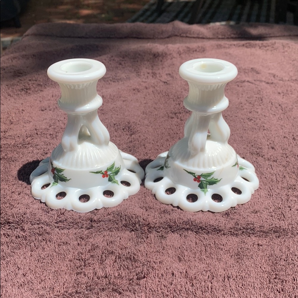 Elegant hand painted White milk glass Candle Holders with Holly Design